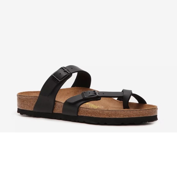 Birkenstock Shoes - Birkenstock Black Leather Toe-Loop Sandal with Buckle Straps